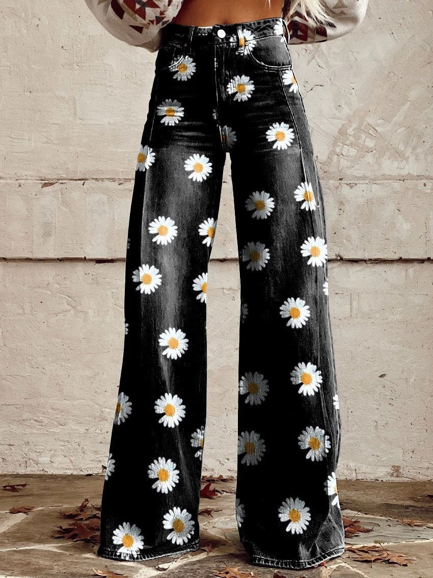 Women’s Flared Trousers – Vintage Print – Cotton Feel – Full Length Casual Fit
