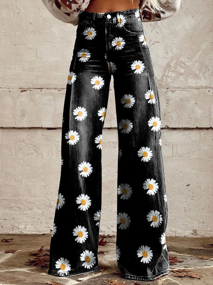 Women’s Flared Trousers – Vintage Print – Cotton Feel – Full Length Casual Fit