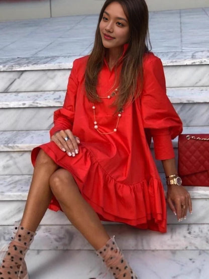 Women’s Mini Dress – Cotton Blend – Relaxed Fit – Long Sleeve – Ruffle Hem