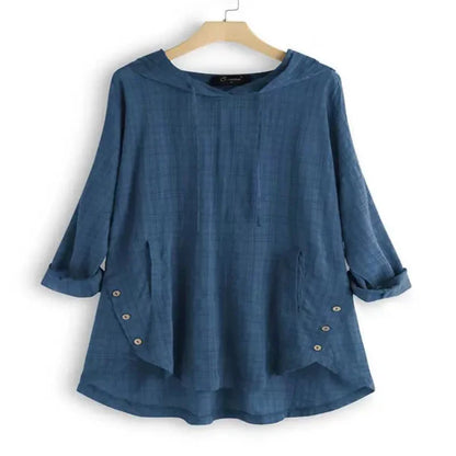 Women’s Tunic Shirt – Relaxed Fit – Plaid Pattern – Hoodie – Rolled Sleeves