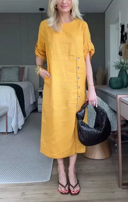 Women’s Midi Dress – Cotton Linen – Relaxed Fit – Short Sleeve – Side Button Detail