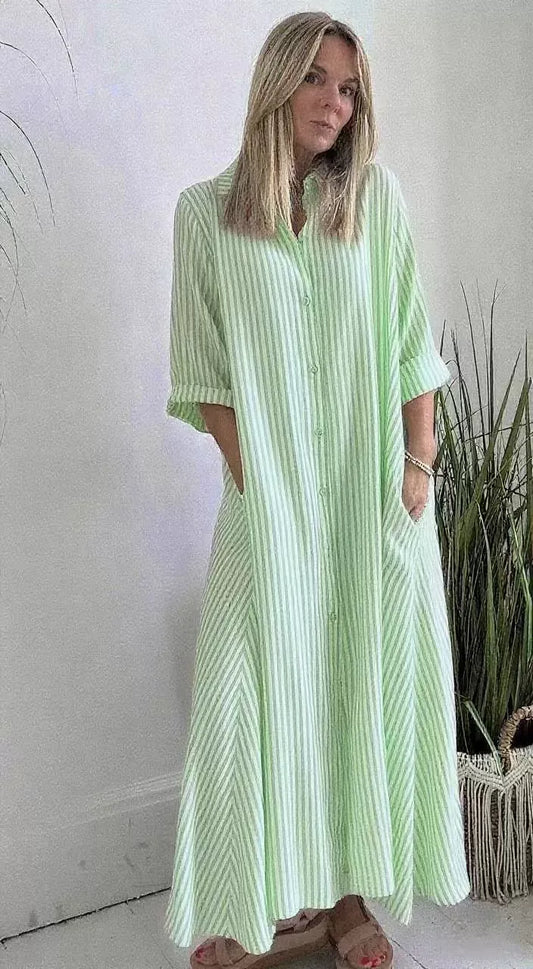Women’s Maxi Dress – Cotton Blend – Relaxed Fit – Striped – Button Front – Lapel Collar – 3/4 Sleeve