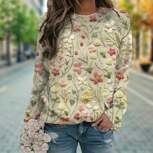 Women’s Pullover Sweater – Relaxed Fit – Knitted Wool Blend – Floral Embroidery
