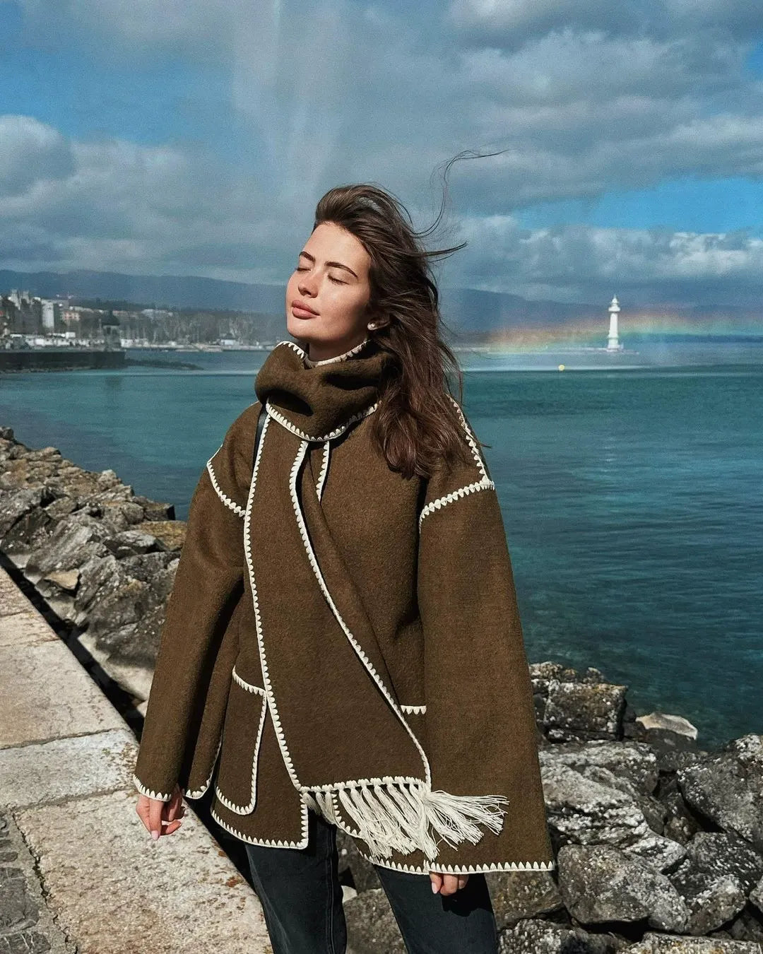 Women’s Wool Coat – Oversized Fit – Button Front – Scarf Detail – Piped Edges