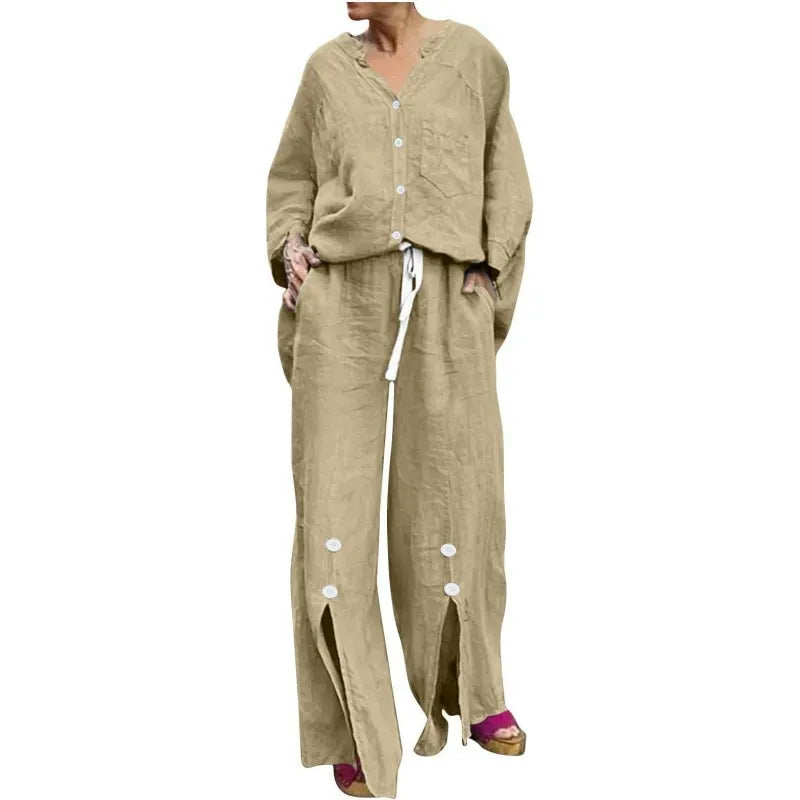 Women’s Two-Piece Set – V-Neck Cardigan – Drawstring Wide-Leg Pants – Cotton Blend