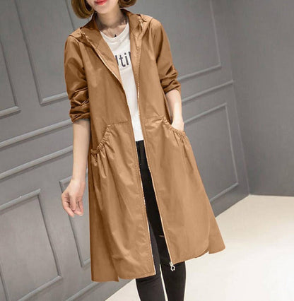 Women’s Rain Jacket – Water-Resistant – Hooded – Relaxed Fit – Knee Length – Full Zip