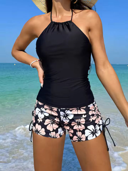 Women’s Tankini Set – Halter Neck – Backless Sleeveless Top – Floral Side-Tie Shorts – Breathable Blend