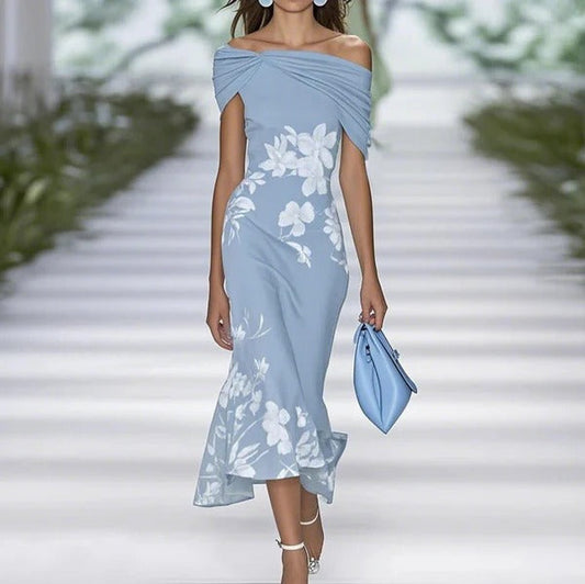 Women’s Midi Dress – Fitted Silhouette – Off Shoulder Draped Sleeves – Floral Print