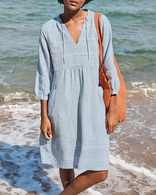Women’s Knee-Length Dress – Relaxed Fit – V-Neck – Three-Quarter Sleeve – Breathable Blend