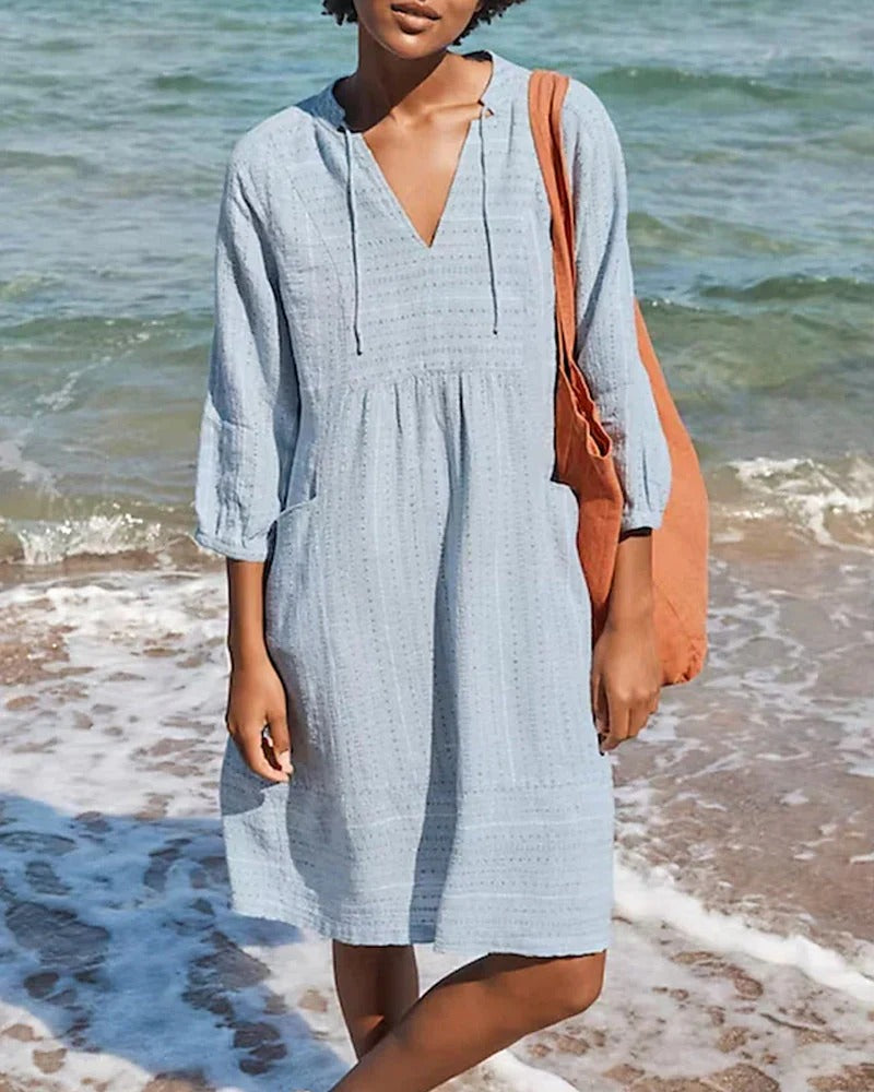 Women’s Knee-Length Dress – Relaxed Fit – V-Neck – Three-Quarter Sleeve – Breathable Blend
