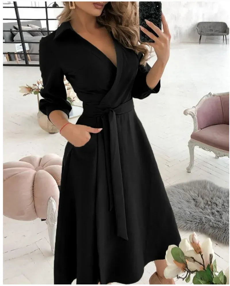 Women’s Wrap Dress – Adjustable Fit – Midi Length – Tailored Collar – 3/4 Sleeve