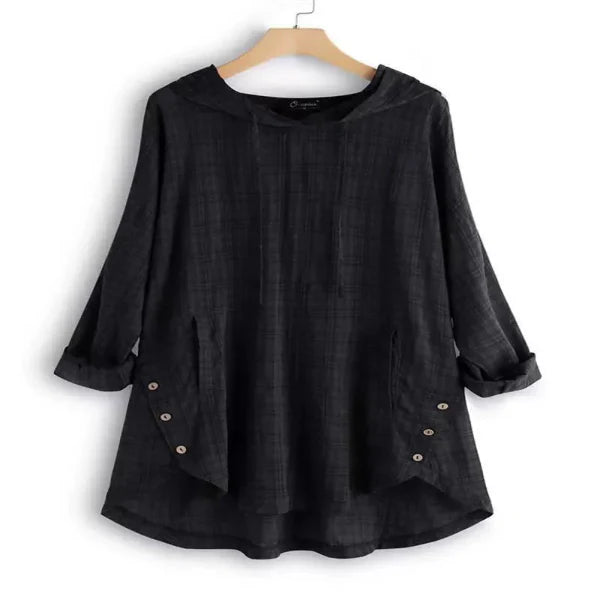 Women’s Tunic Shirt – Relaxed Fit – Plaid Pattern – Hoodie – Rolled Sleeves