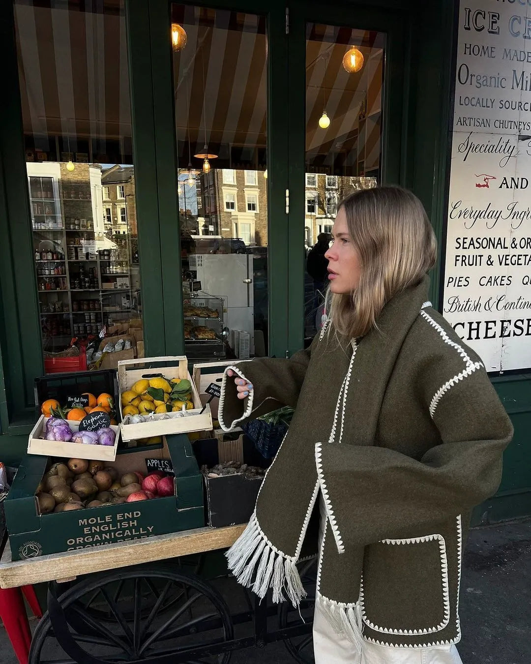 Women’s Wool Coat – Oversized Fit – Button Front – Scarf Detail – Piped Edges