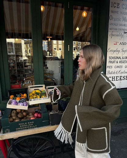 Women’s Wool Coat – Oversized Fit – Button Front – Scarf Detail – Piped Edges
