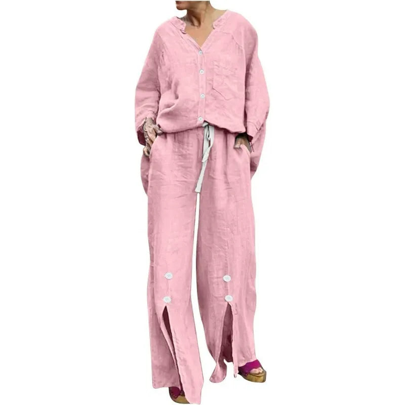 Women’s Two-Piece Set – V-Neck Cardigan – Drawstring Wide-Leg Pants – Cotton Blend