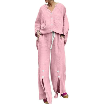 Women’s Two-Piece Set – V-Neck Cardigan – Drawstring Wide-Leg Pants – Cotton Blend