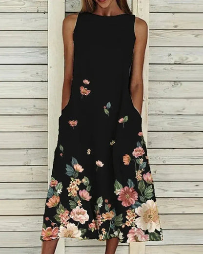 Women’s Midi Dress – Relaxed Fit A-Line – Sleeveless – Breathable Blend – Floral Detail