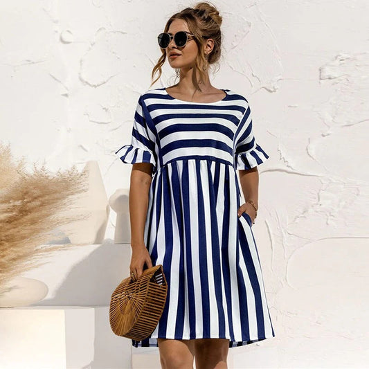 Women’s Mini Dress – Relaxed Fit – A-Line – Ruffle Sleeve – Striped – Breathable Blend