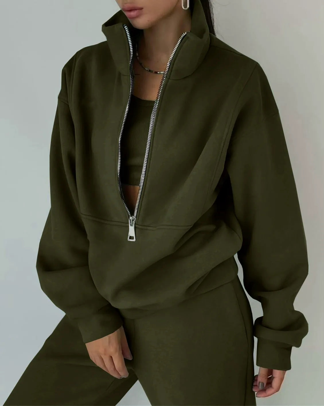 Women’s Athleisure Set – Fleece Half-Zip Pullover – Relaxed Fit – Full-Length Pants