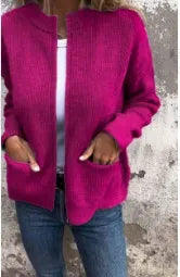 Women’s Jacket – Loose Fit – Ribbed Knit – Stand Collar – Zip Front – Mid Length