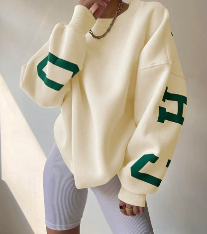 Women’s Sweatshirt – Oversized Fit – Cotton Blend – Graphic Sleeve – Crew Neck
