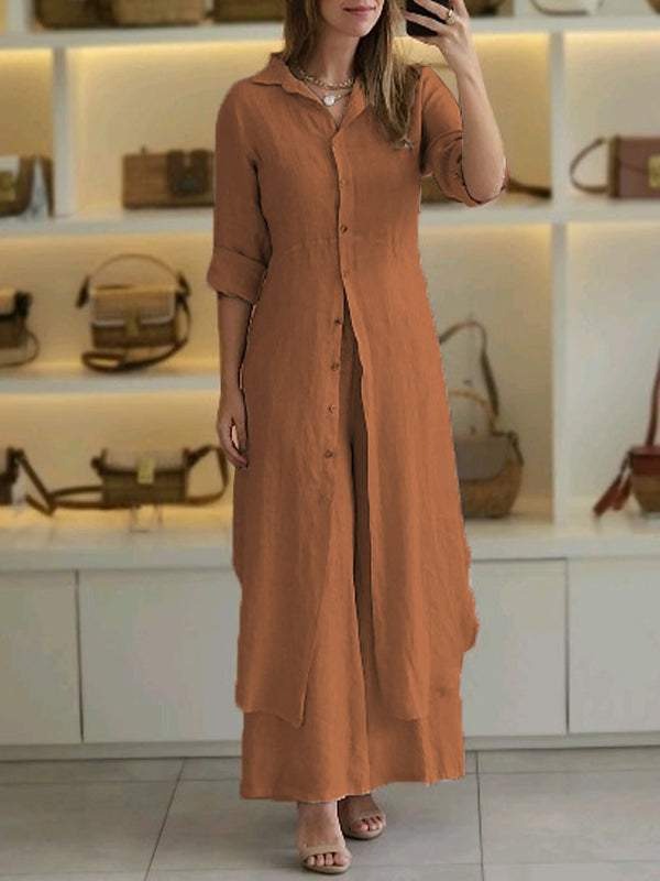 Women’s Two-Piece Set – Relaxed Fit Shirt – Wide-Leg Pants – Cotton Breathable Fabric