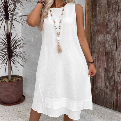 Women’s Midi Dress – Relaxed Fit – Sleeveless – Round Neck – Cotton Blend – Layered Hem