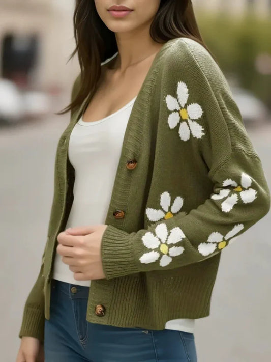 Women’s Knitted Cardigan – Oversized Fit – Wool Blend – Floral Pattern – Button Front