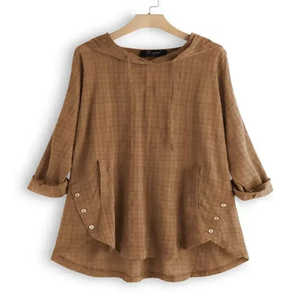 Women’s Tunic Shirt – Relaxed Fit – Plaid Pattern – Hoodie – Rolled Sleeves