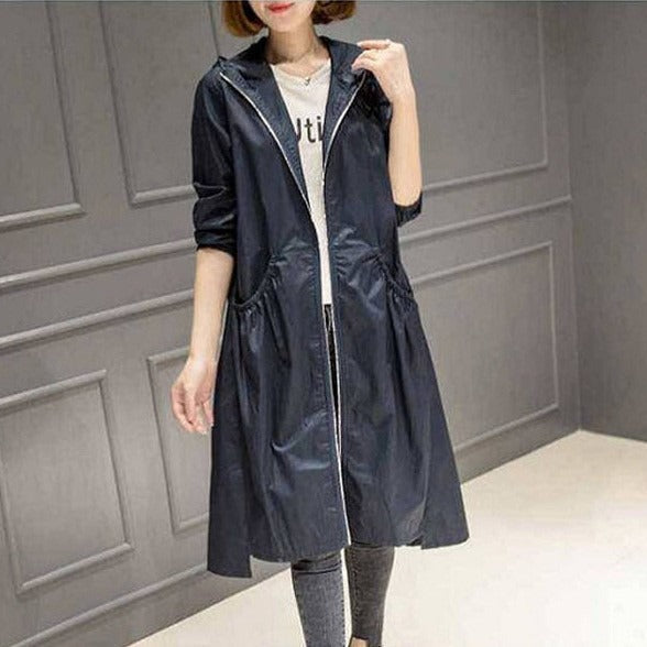 Women’s Rain Jacket – Water-Resistant – Hooded – Relaxed Fit – Knee Length – Full Zip