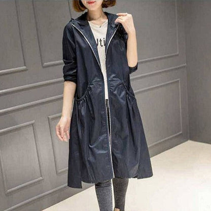 Women’s Rain Jacket – Water-Resistant – Hooded – Relaxed Fit – Knee Length – Full Zip