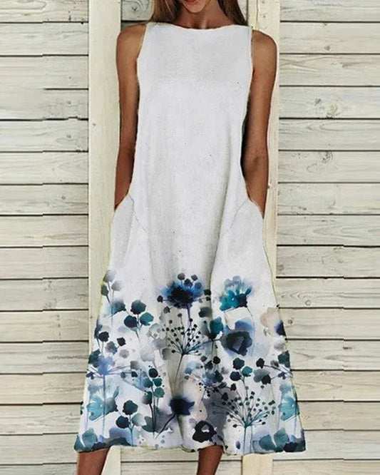 Women’s Midi Dress – Relaxed Fit A-Line – Sleeveless – Breathable Blend – Floral Detail