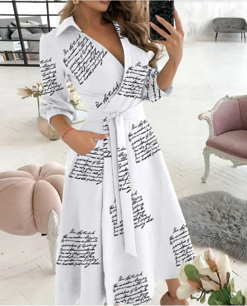 Women’s Wrap Dress – Adjustable Fit – Midi Length – Tailored Collar – 3/4 Sleeve