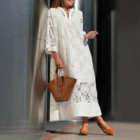 Women’s Midi Lace Dress – Loose Fit – V-Neck – Long Sleeve