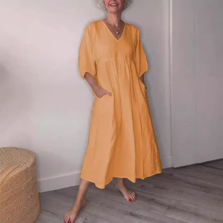 Women’s Midi Dress – Cotton Linen – Loose Fit – V-Neck – ¾ Sleeve – Pockets