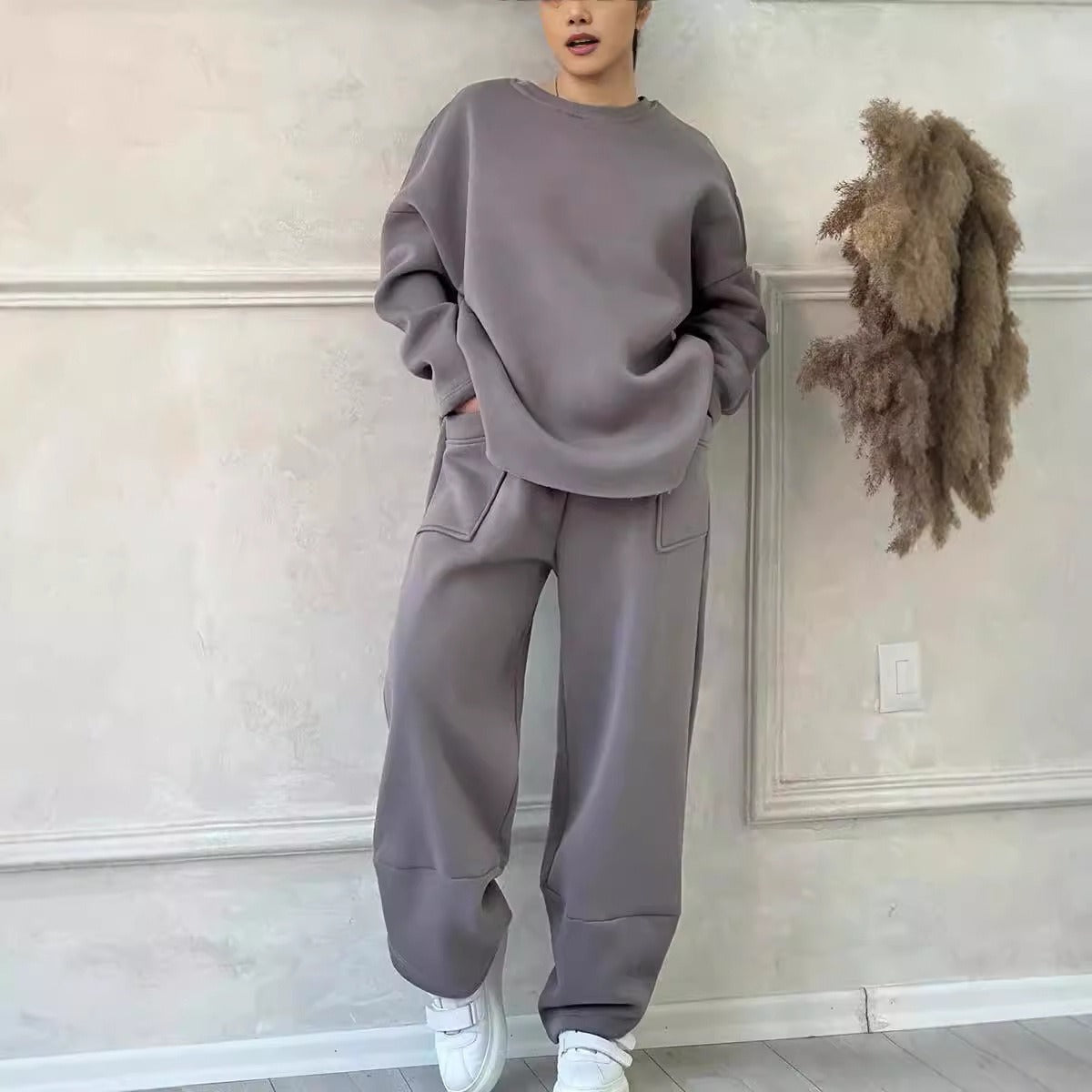 Women’s Lounge Set – Cotton Blend – Oversized Fit – Crew Neck – Wide Leg Pants