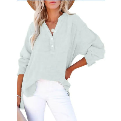 Women’s Long Sleeve Shirt – Loose Fit – Cotton – Pleated Front – Button-Up Style
