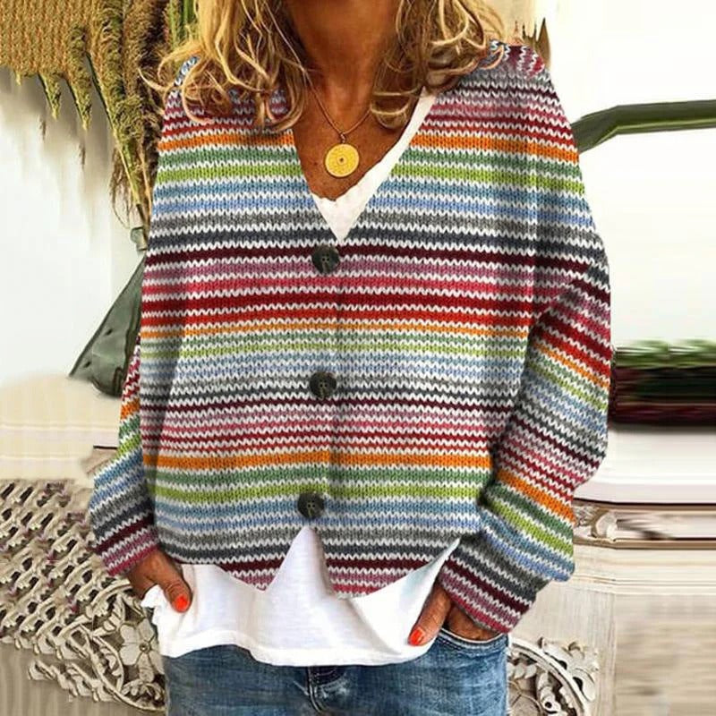 Women’s Cardigan – Knitted – Relaxed Fit – Wave Pattern – Button Front – Hip Length