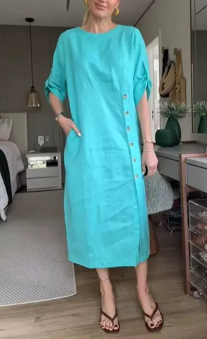 Women’s Midi Dress – Cotton Linen – Relaxed Fit – Short Sleeve – Side Button Detail