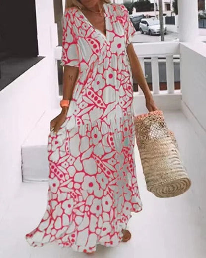 Women’s Maxi Dress – A-Line Fit – V-Neck – Short Sleeve – Breathable Blend – Floral Print