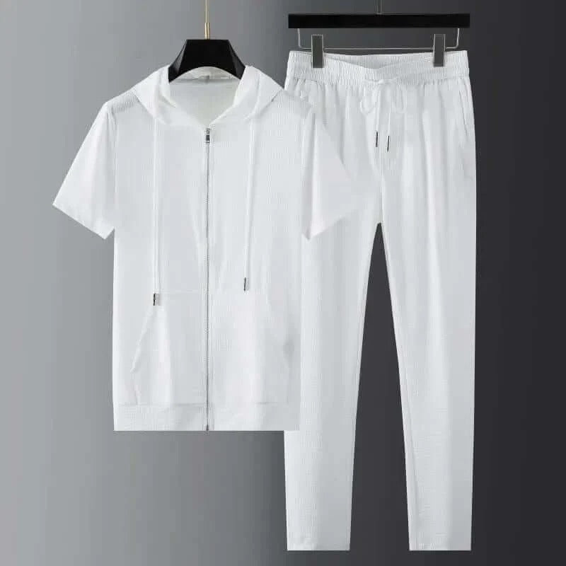 Men’s Two-Piece Set – Zip Hoodie Short Sleeve – Tapered Joggers – Cotton Blend
