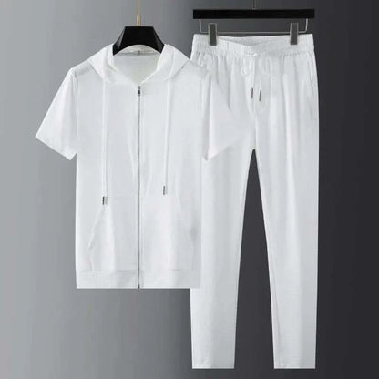 Men’s Two-Piece Set – Zip Hoodie Short Sleeve – Tapered Joggers – Cotton Blend