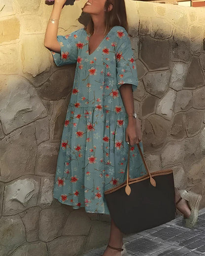 Women’s Midi Dress – A-Line Fit – V-Neck – Elbow Sleeve – Cotton Blend – Floral Print