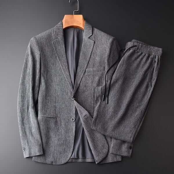 Men’s Two-Piece Set – Relaxed Fit Blazer and Trousers – Woven Textured Fabric – Notched Lapel