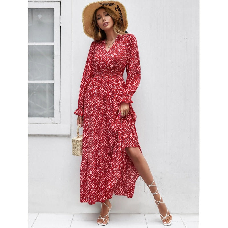Women’s Midi Dress – V-Neck – Long Sleeve – Flared Skirt – Cotton Feel – Polka Dot