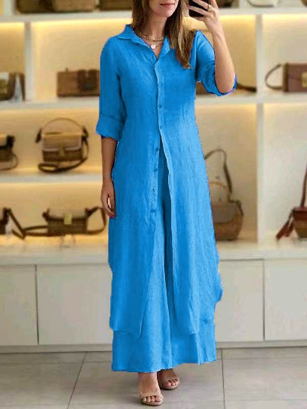 Women’s Two-Piece Set – Relaxed Fit Shirt – Wide-Leg Pants – Cotton Breathable Fabric