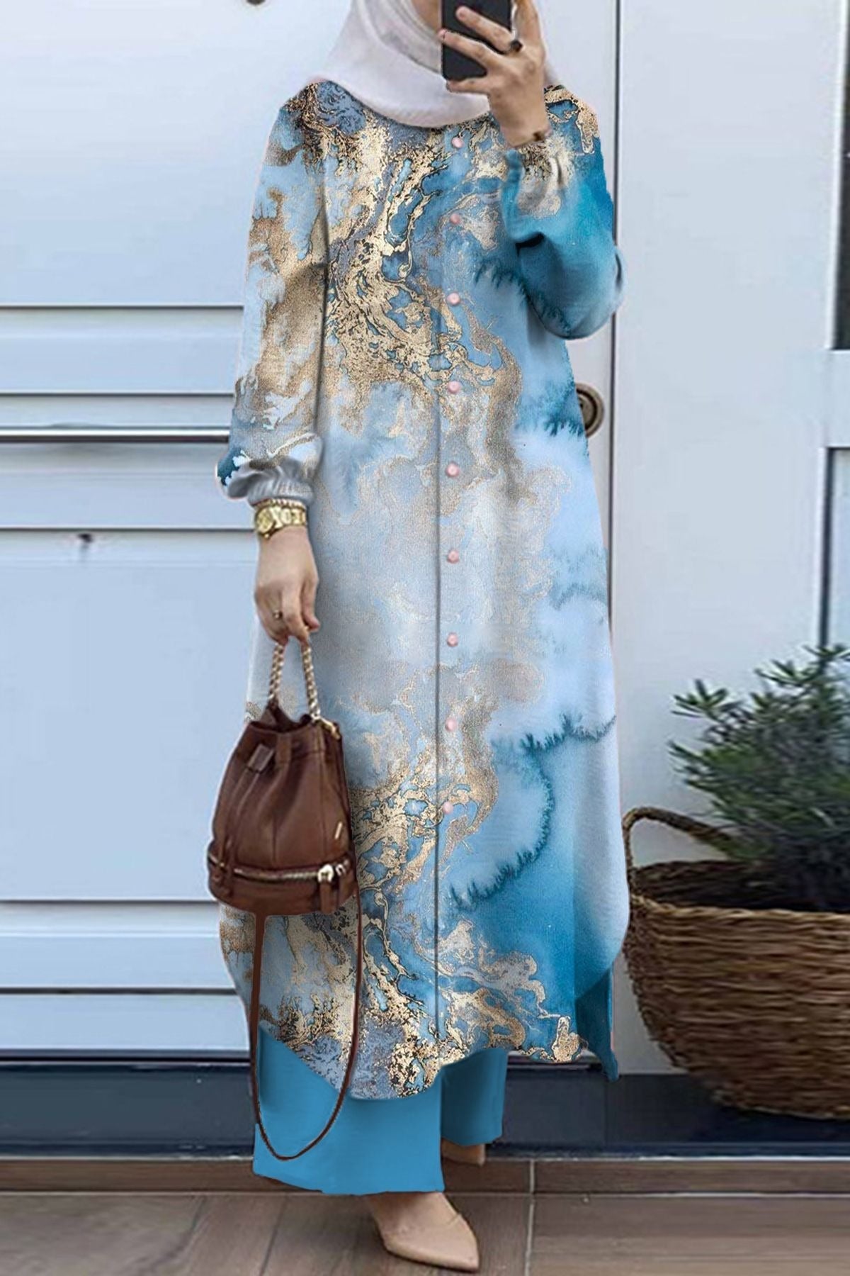 Women’s Tunic Set – Relaxed Fit – Stand Collar – Long Sleeve – Full-Length Trousers