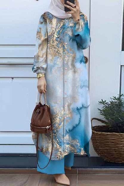 Women’s Tunic Set – Relaxed Fit – Stand Collar – Long Sleeve – Full-Length Trousers