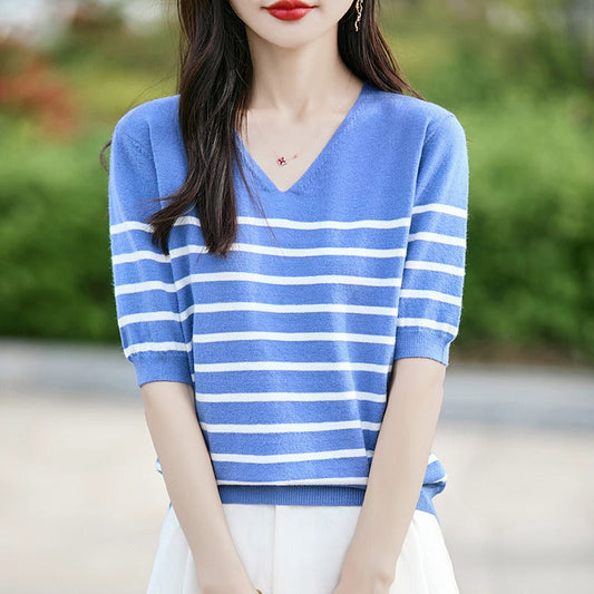 Women’s Sweater – Cotton Knit – Relaxed Fit – V-Neck – Short Sleeve – Striped