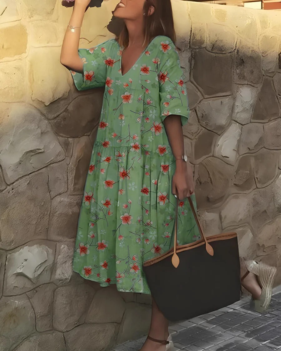 Women’s Midi Dress – A-Line Fit – V-Neck – Elbow Sleeve – Cotton Blend – Floral Print